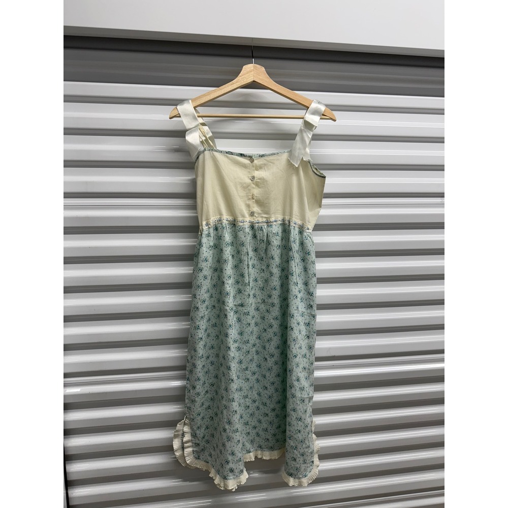 True Vintage Style‎ Floral Cottagecore Midi Dress Cream Blue Ruffle Hem Ribbon